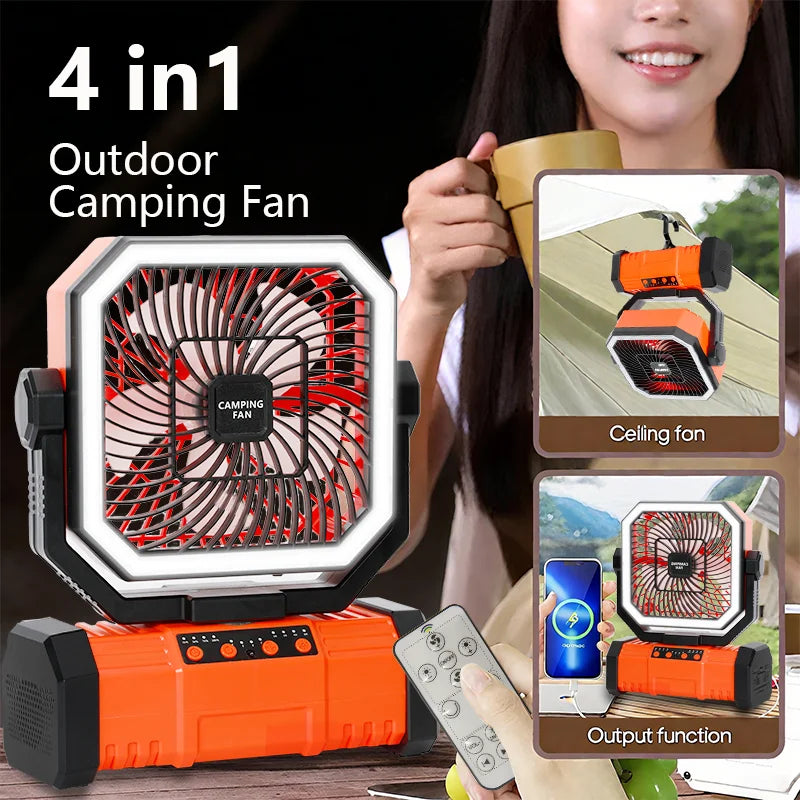 20000mAh Portable Camping FanRechargeable Battery Operated Oscillating Camp Tent Fan With Bluetooth Speaker 4 Speeds LED lights