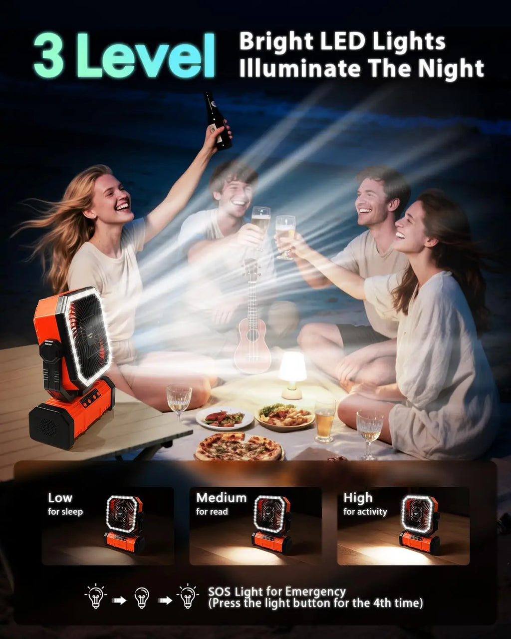 20000mAh Portable Camping FanRechargeable Battery Operated Oscillating Camp Tent Fan With Bluetooth Speaker 4 Speeds LED lights