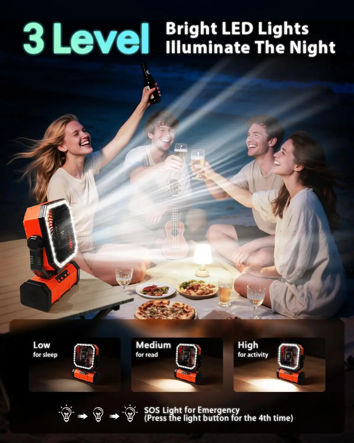 20000mAh Portable Camping FanRechargeable Battery Operated Oscillating Camp Tent Fan With Bluetooth Speaker 4 Speeds LED lights