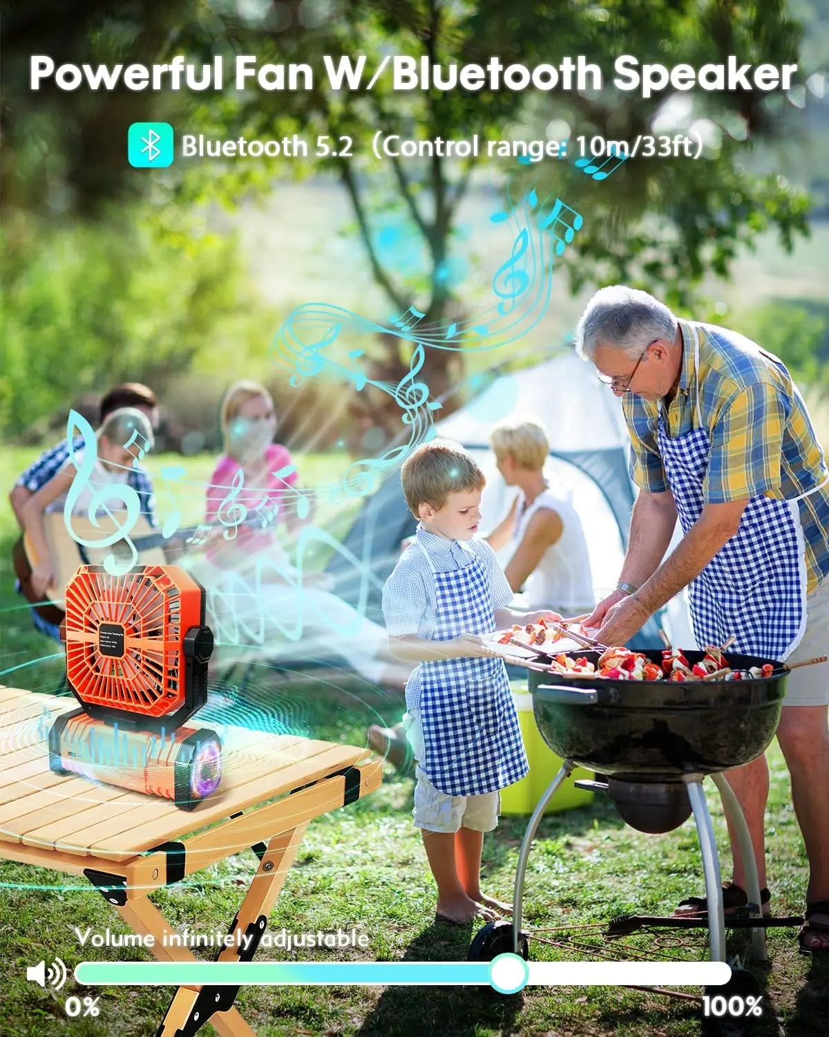 20000mAh Portable Camping FanRechargeable Battery Operated Oscillating Camp Tent Fan With Bluetooth Speaker 4 Speeds LED lights