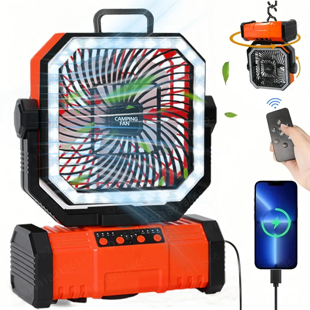 20000mAh Portable Camping FanRechargeable Battery Operated Oscillating Camp Tent Fan With Bluetooth Speaker 4 Speeds LED lights