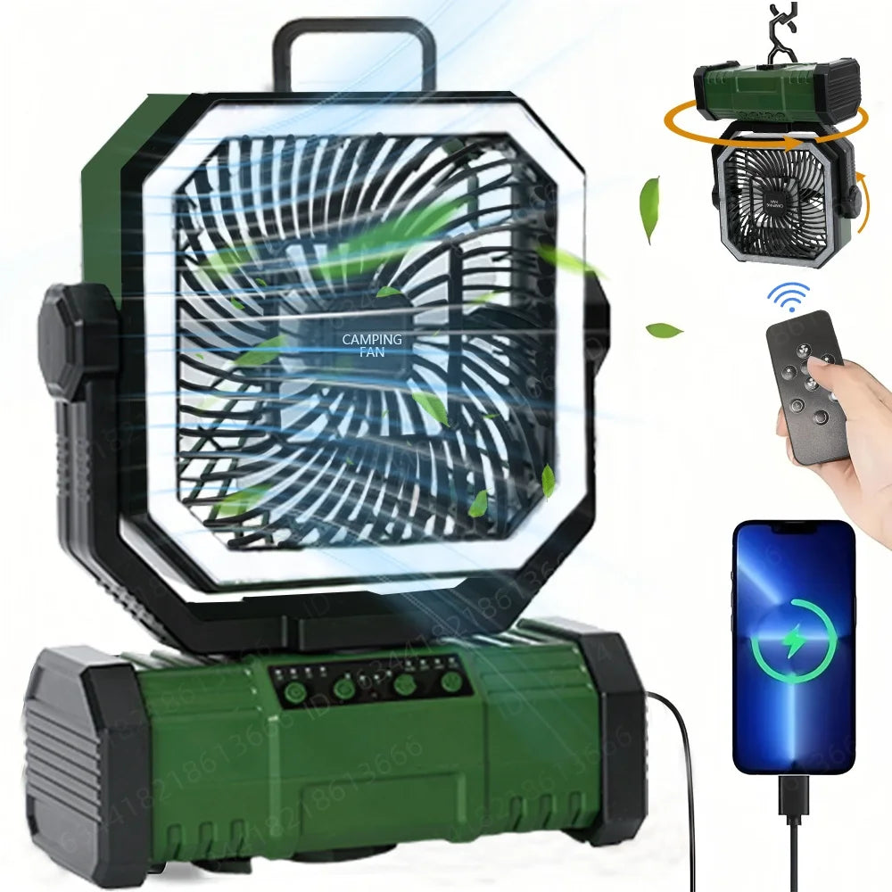 20000mAh Portable Camping FanRechargeable Battery Operated Oscillating Camp Tent Fan With Bluetooth Speaker 4 Speeds LED lights